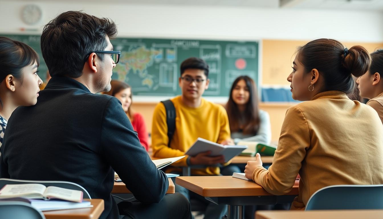Students studying together in modern classroom